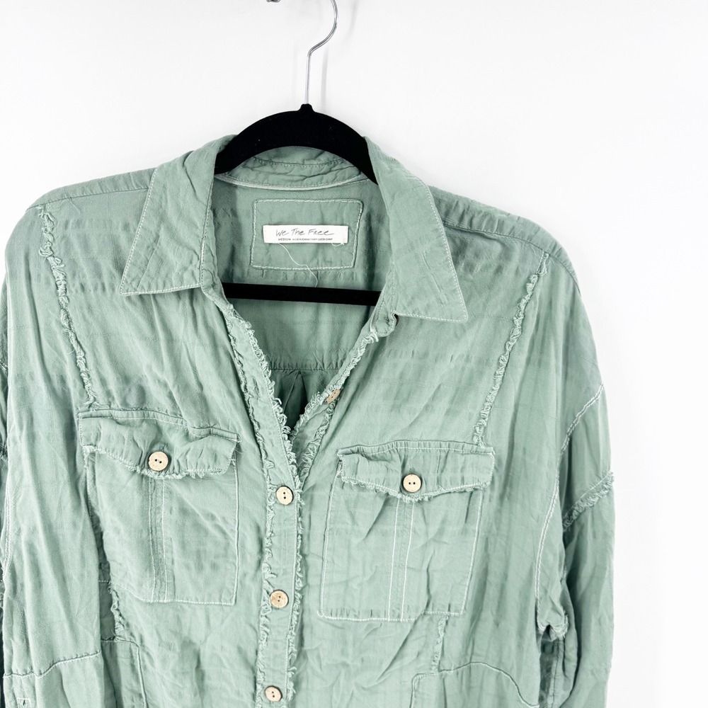 Free People We The Free Green Button Down Shirt Dress Raw Hem Pockets Medium - Picture 3 of 11